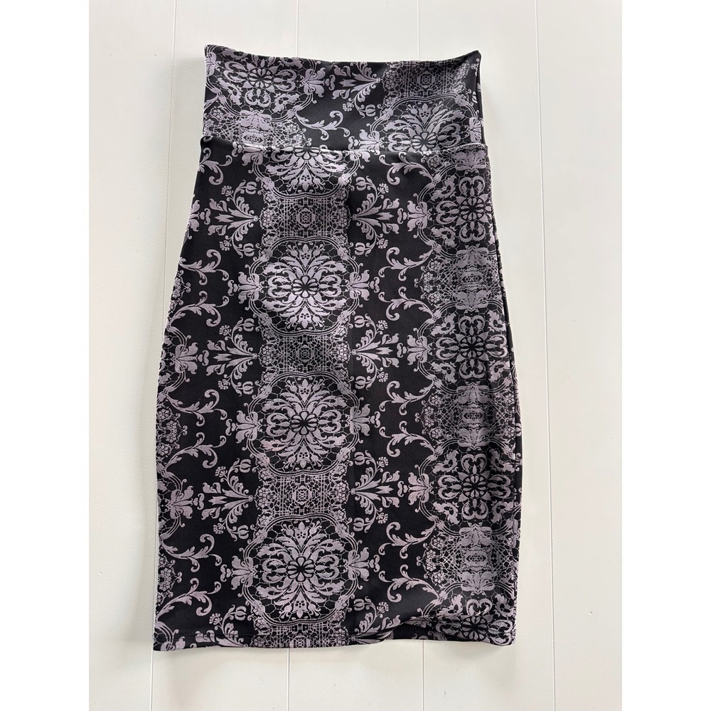 Agnes & Dora Black Lavender Damask Floral Pencil Skirt XS High Waist Bodycon